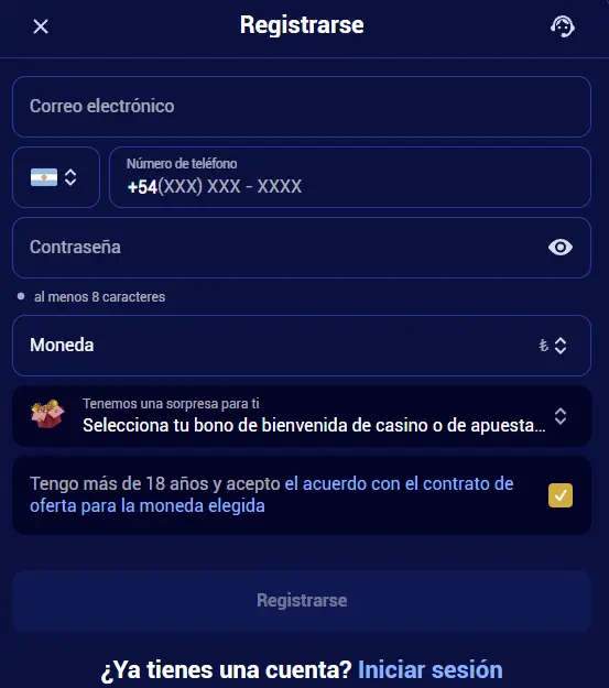 Registro de una nueva cuenta en Spinay Casino