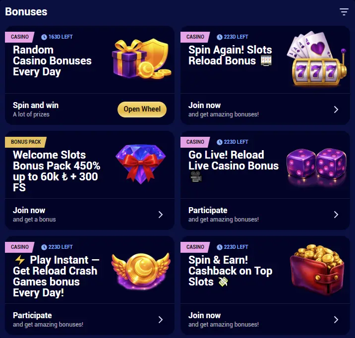 A selection of active bonuses at Spinay Casino