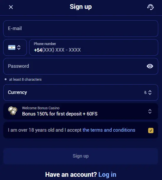Registering a new Spinay Casino account